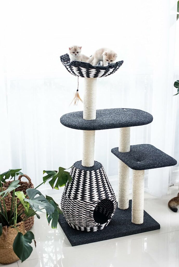 The Cat Tree Royal 3 Level Jet Black and Porcelain White Cat Tree with Toy